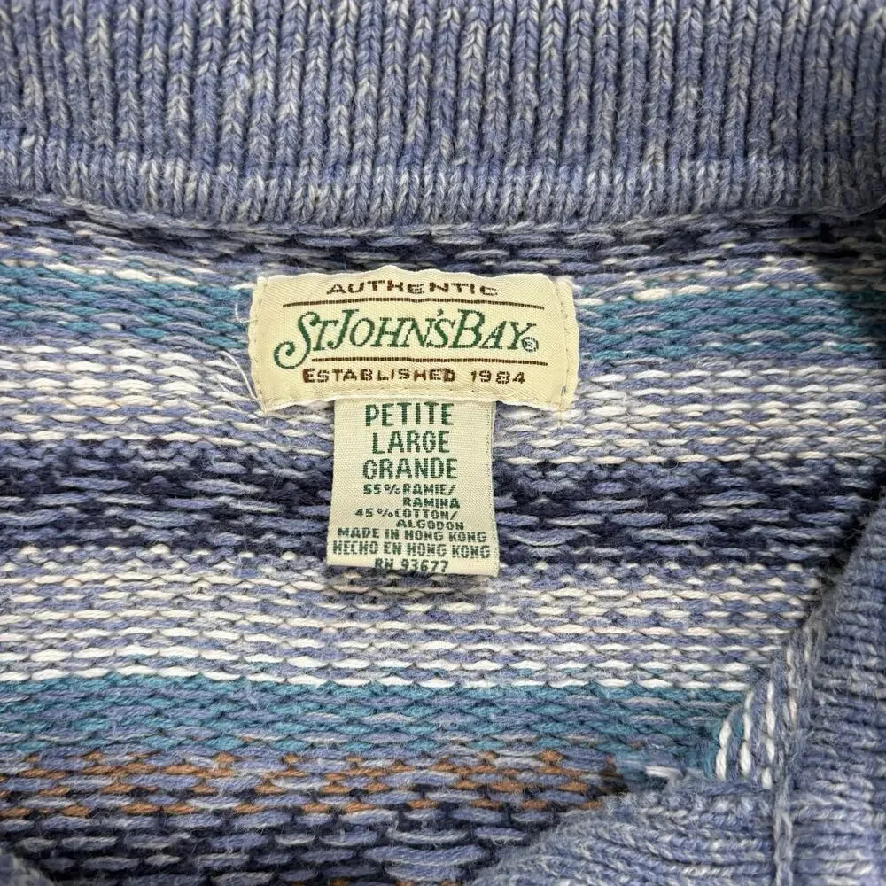 Vtg 90s St. Johns Bay Womens Petite Large Blue Fair Isle Nordic Sweater Cardigan